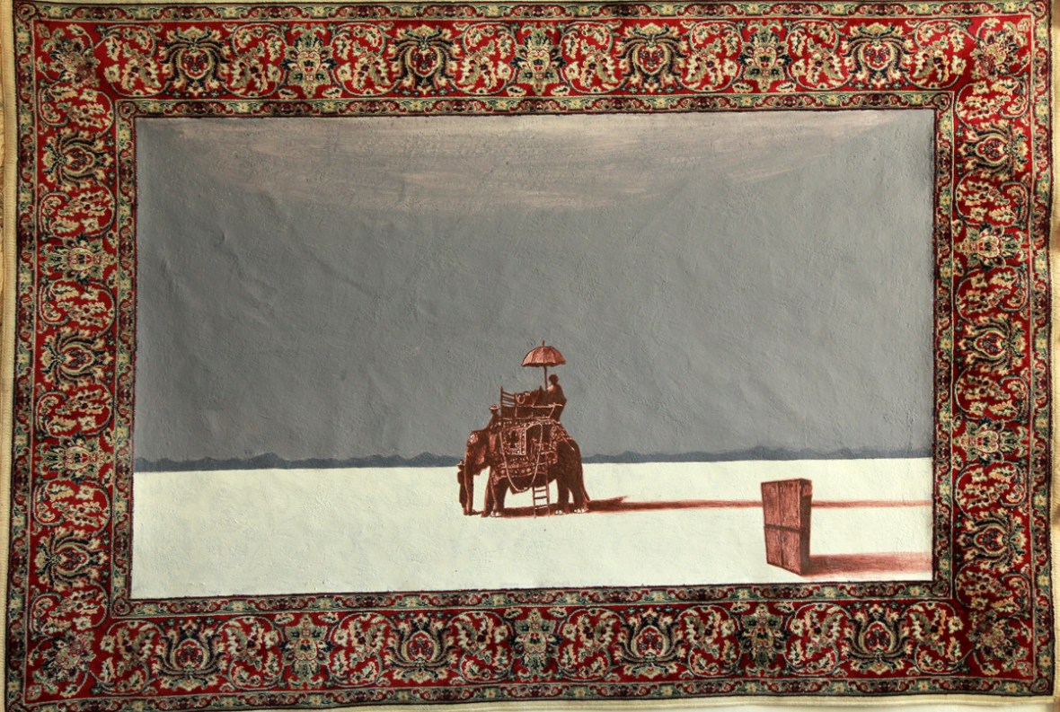 Der weisse Sand des Mohndes I, Akryl auf Teppich, 117 x 140 cm, 2014