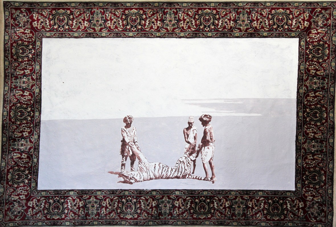 Der weisse Sand des Mohndes II, Akryl auf Teppich, 117 x 140 cm, 2014